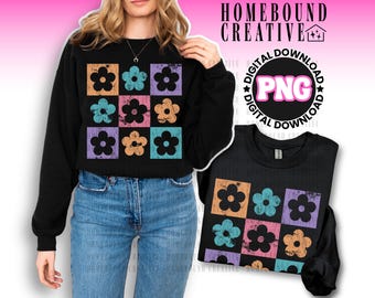 Checkered Flower PNG: Colorful Boho Spring Design (Digital Download)