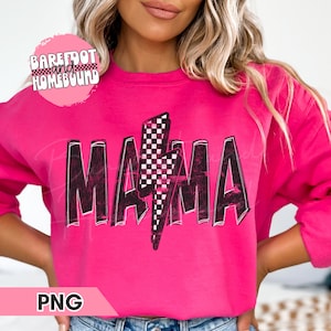 Grunge karierte Mama PNG, Mutterschaft Png, schwarz weiß Mama Leben digital, coole Mama PNG, Mama Shirt Design, karierte Lightning Bolt Mama Png