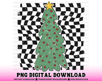 Retro Checkered Christmas Tree PNG: Festive Shirt Design (Digital Download)