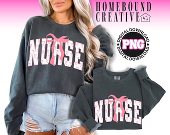 Coquette Nurse PNG: Retro Pink Bow Shirt Nursing Design (Digital Download)