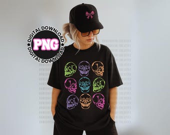 Neon Skulls PNG: Edgy Rock Concert Colorful Skeleton Shirt Design (Digital Download)