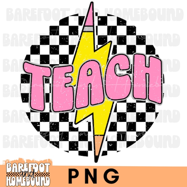 Checkered Teach PNG, Pencil Teacher Png, Lightning Bolt Teach PNG, Retro Teach Png, Teacher Gift PNG, Checkerboard Teach Shirt Design