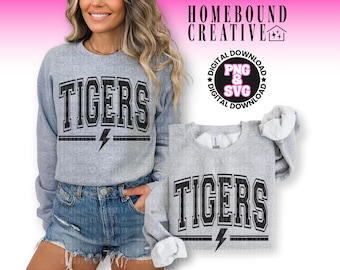 Tigers Mascot PNG SVG, Varsity Lightning Design, School Spirit Shirt Graphic, Instant Digital Download