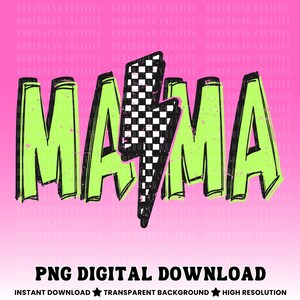Neon Mama PNG: Checkered Lightning Bolt, Lime Green Motherhood Shirt Design (Digital Download)