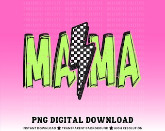 Neon Mama PNG: Kariertes Blitzsymbol, Mutterschaft Shirt Design (Digitaler Download)