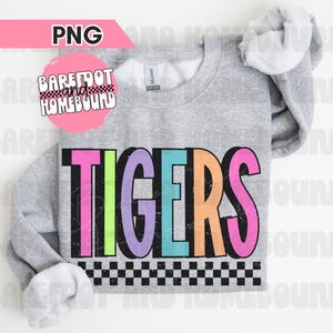 Checkered Neon Tigers PNG, Tigers Mascot PNG, School Mascot Tigers Digital, Checkered Tigers Team Shirt Png, Trendy Tigers Digital Download