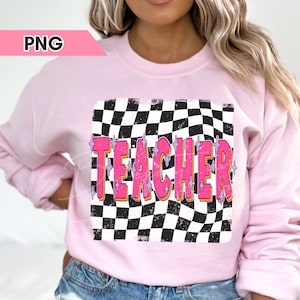 Retro Checkered Teacher PNG: Sparkle Distressed Design (Digital Download)