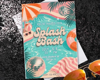 Retro Pool Party Invitation Template, Girls Summer Birthday Editable Invite, Disco Cabana Digital Download