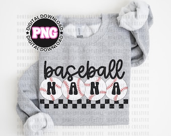 Checkered Baseball Nana PNG: Retro Sports Fan Grandmother Shirt Design (Digital Download)