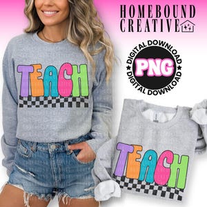 Retro Checkered Teacher PNG: Colorful Shirt Design (Digital Download)