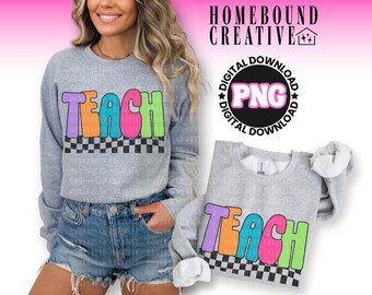 Retro Checkered Teacher PNG: Colorful Shirt Design (Digital Download)