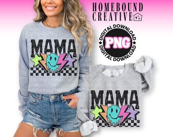 Neon Checkered Mama PNG: Colorful Lightning Bolt Mom Shirt Design (Digital Download)