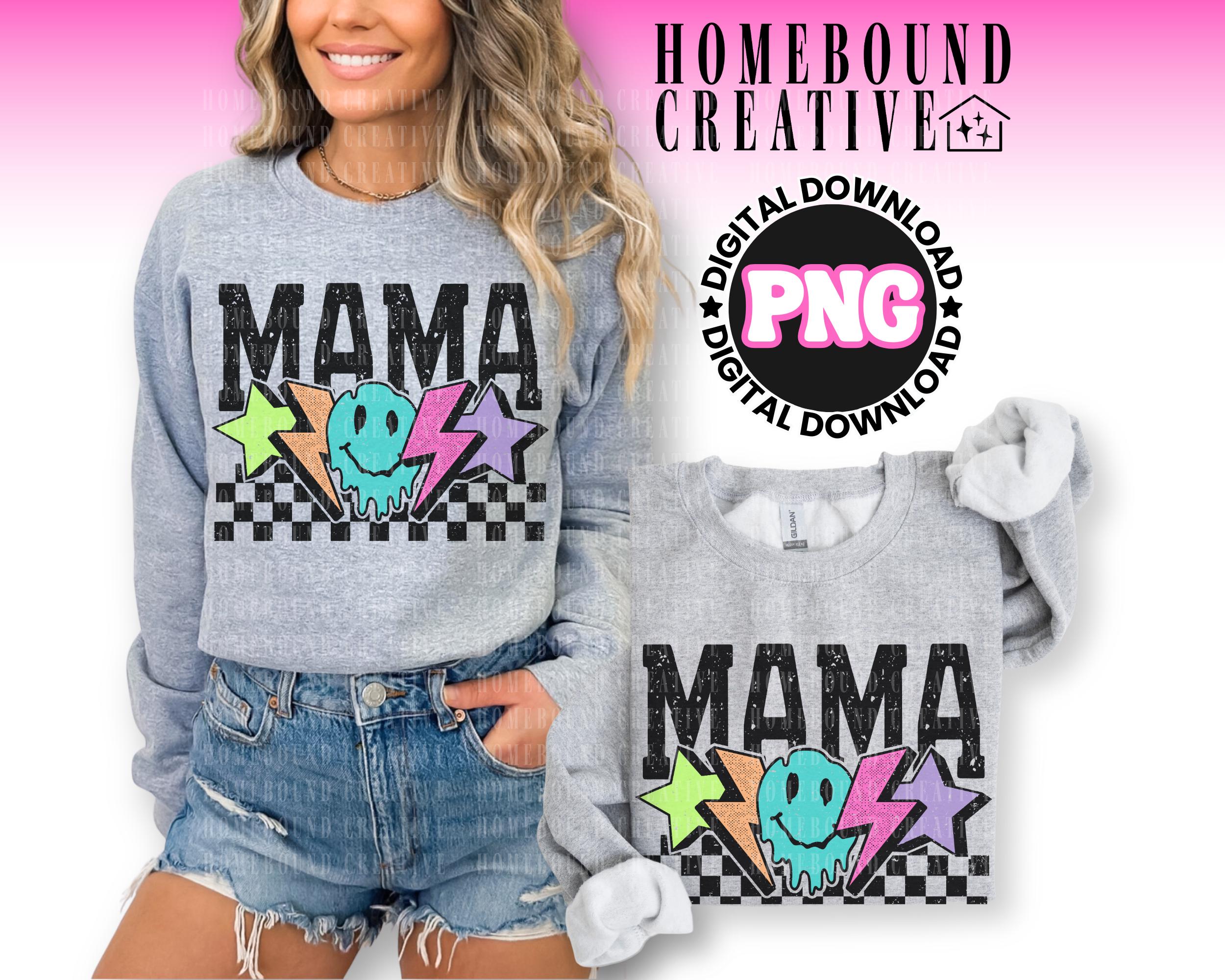 Neon Checkered Mama PNG: Colorful Lightning Bolt Mom Shirt Design