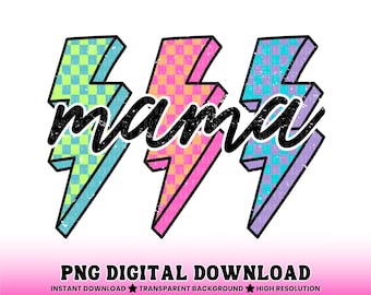 Lightning Bolt Mama PNG: Checkered Retro Motherhood Design (Digital Download)