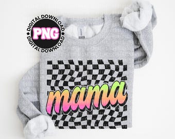 Retro Neon Checkered Mama PNG: Design per maglietta verde lime per mamma (download digitale)