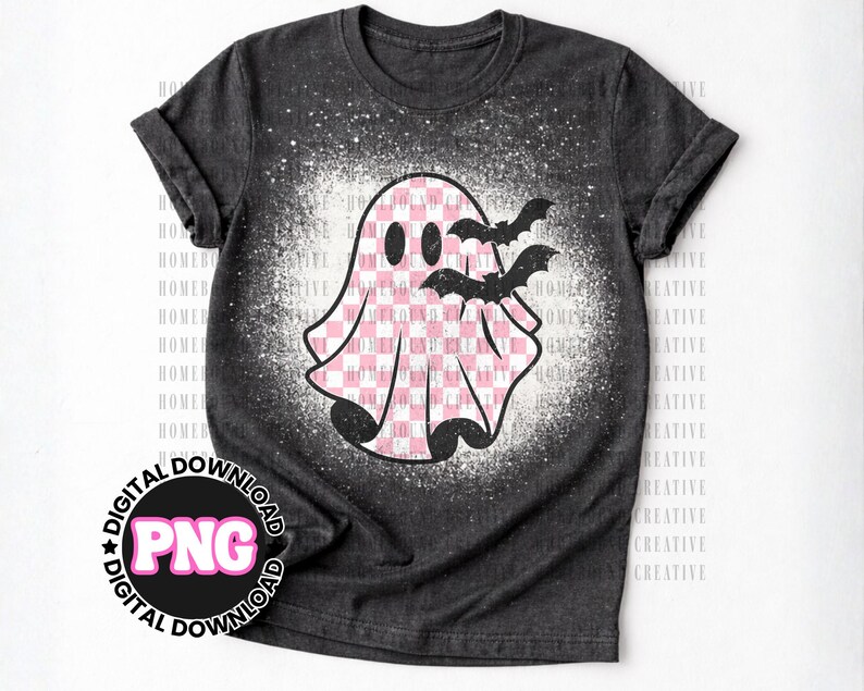 Pink Checkered Ghost PNG: Retro Halloween Shirt Design (Digital Download) image 3