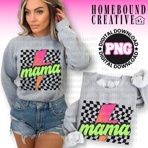Neon Lightning Mama PNG: Checkered Mom Life T-shirt Retro Bright Design (Digital Download)