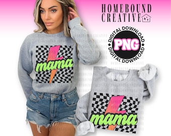 Neon Lightning Mama PNG: Kariertes Mama-Leben T-shirt Retro helles Design (Digitaler Download)