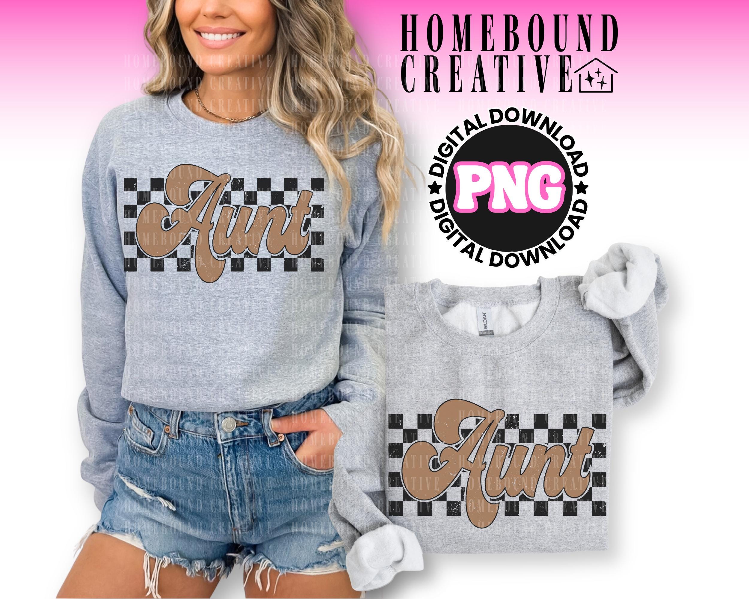 Retro Checkered Aunt PNG: Distressed Brown Design (digital