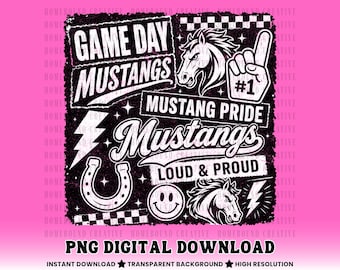 Checkered Mustangs Collage PNG: Vintage Mustang Pride Game Day Mascot Shirt Design (Digital Download)