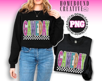 Neon Checkered Game Day PNG: Retro Team Spirit Sports Design (Digital Download)