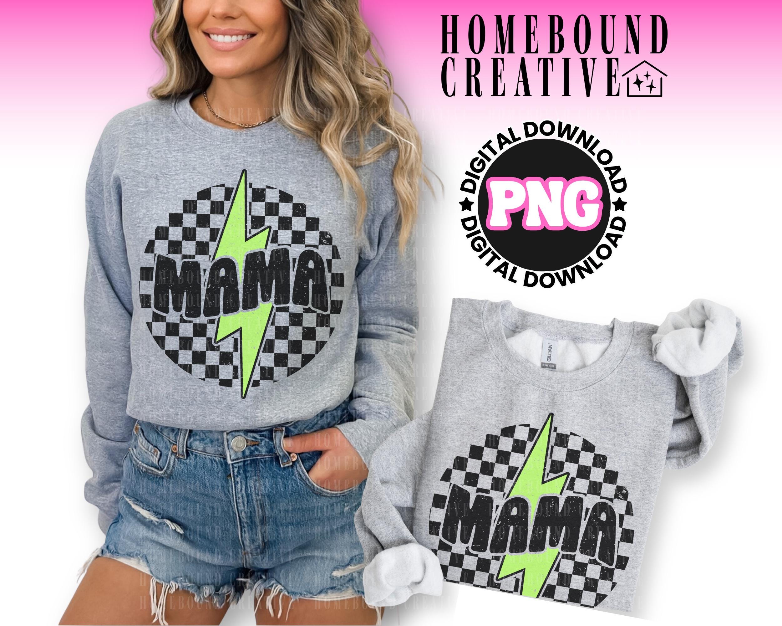 Neon Checkered Mama PNG: Lime Green Lightning Bolt Mom Shirt