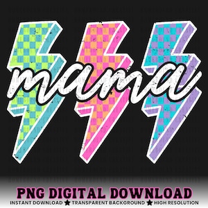 Checkered Lightning Bolt Mama PNG: Retro Colorful Motherhood Design (Digital Download)