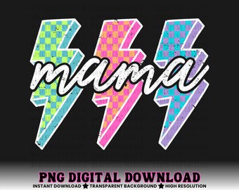 Checkered Lightning Bolt Mama PNG: Retro Colorful Motherhood Design (Digital Download)