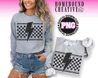 Checkered Lightning Bolt PNG: Grunge Alternative T-Shirt Design Women (Digital Download)