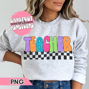 Retro Checkered Teacher PNG: Colorful Shirt Design (Digital Download)