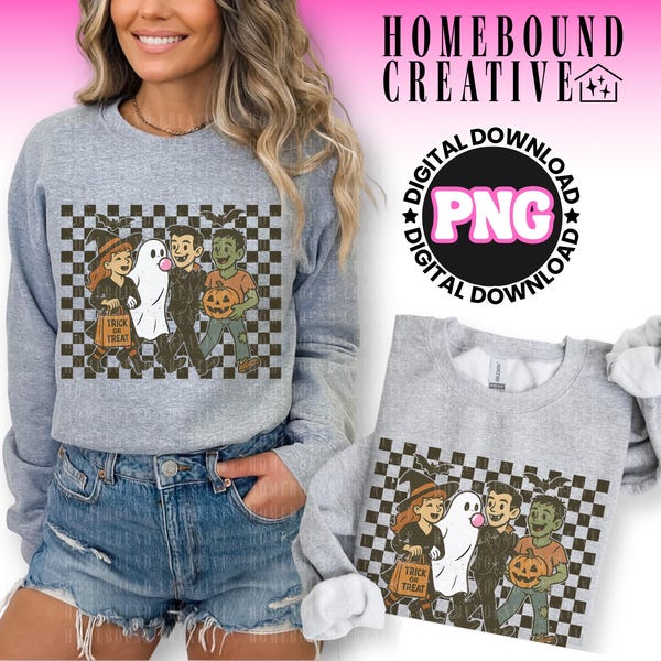 Retro Halloween PNG: Checkered Ghost, Witch, Vampire Shirt Design (Digital Download)