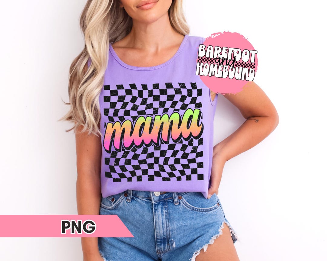mamaページ Retro Neon Checkered Mama PNG: Lime Green Mom Shirt Design