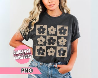 Taupe Checkered Boho Flowers PNG, Neutral Checkerboard Daisy Design, Flower Checkered Png, Cool Women&#39;s PNG, Checkerboard t-shirt Designs