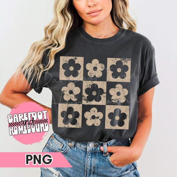 Taupe Checkered Boho Flowers PNG, Neutral Checkerboard Daisy Design, Flower Checkered Png, Cool Women's PNG, Checkerboard t-shirt Designs