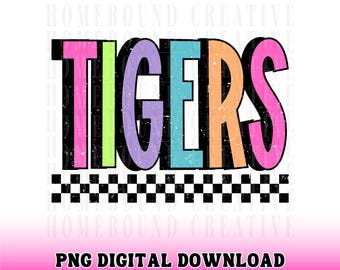 Checkered Neon Tigers PNG: Retro School Mascot (Digital Download