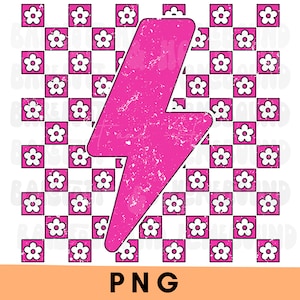Pink Checkered Lightning Bolt PNG: Boho Flower Design (Digital Download)