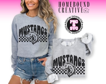 Retro Checkered Mustangs Mascot SVG PNG: Mustang Mom Shirt Design (Digital Download)