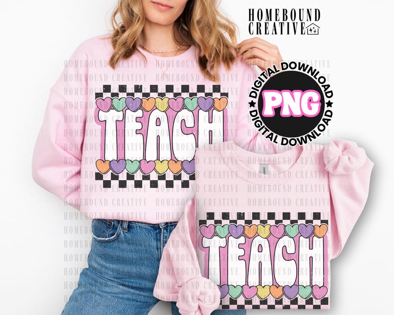 Checkered Teach Candy Hearts PNG: Valentines Teacher Shirt Design (Digital Download) image 1