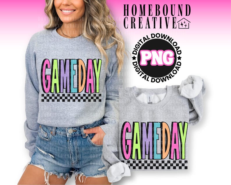 ネオンチェック柄のゲームデーPNG：レトロでカラフルなスポーツママデザイン（デジタルダウンロード） 画像 4