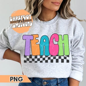 Colorful Checkered Teacher PNG, Retro Teacher Png, Bright Teach PNG, Retro Teach Png, Teacher Shirt Design, Checkerboard Teach Shirt Design