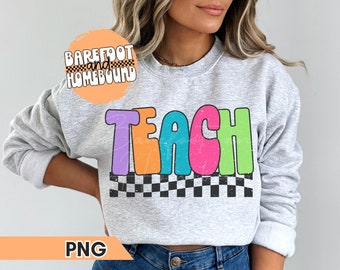 Retro Colorful Checkered Teacher PNG: Shirt Design (Digital Download)
