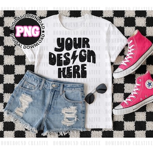 White T-Shirt Mockup: Checkered Rug, Pink Sneakers Flatlay (Digital Download PNG File)