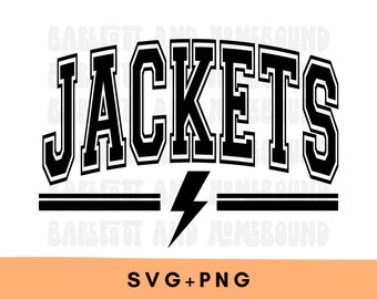 May include: Black and white graphic design of the word "JACKETS" in a varsity style font with a lightning bolt and two horizontal lines below. The text "SVG+PNG" is below the graphic.