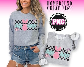 Easter Bunny PNG: Retro Hip Hop Distressed Checkered Shirt Design (Digital Download)