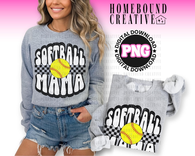 Checkered Softball Mama PNG: Retro Sports Mom Shirt Design (Digital Download) image 2