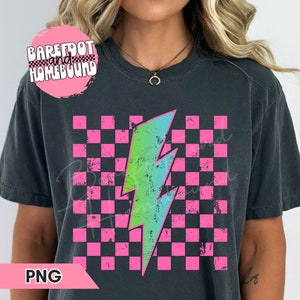 Pink Grunge Checkered Lightning PNG, Gradient Lightning Bolt Design, Checkerboard Png, Cool Shirt Design, Textured Checkerboard Sublimation