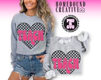 Checkered Heart Teach SVG: Retro Valentine Teacher Design (PNG, SVG)