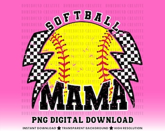 Maglietta da softball Checkered Lightning PNG: design retrò per mamma sportiva (download digitale)