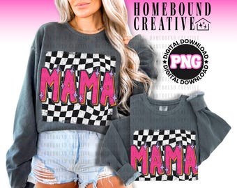 Sparkle Checkered Mama PNG: Projekt koszulki dla mamy z motywem szachownicy w stylu vintage (plik cyfrowy)