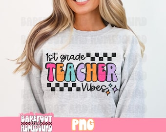 Retro First Grade Teacher PNG: Checkered Design (Digital Download)